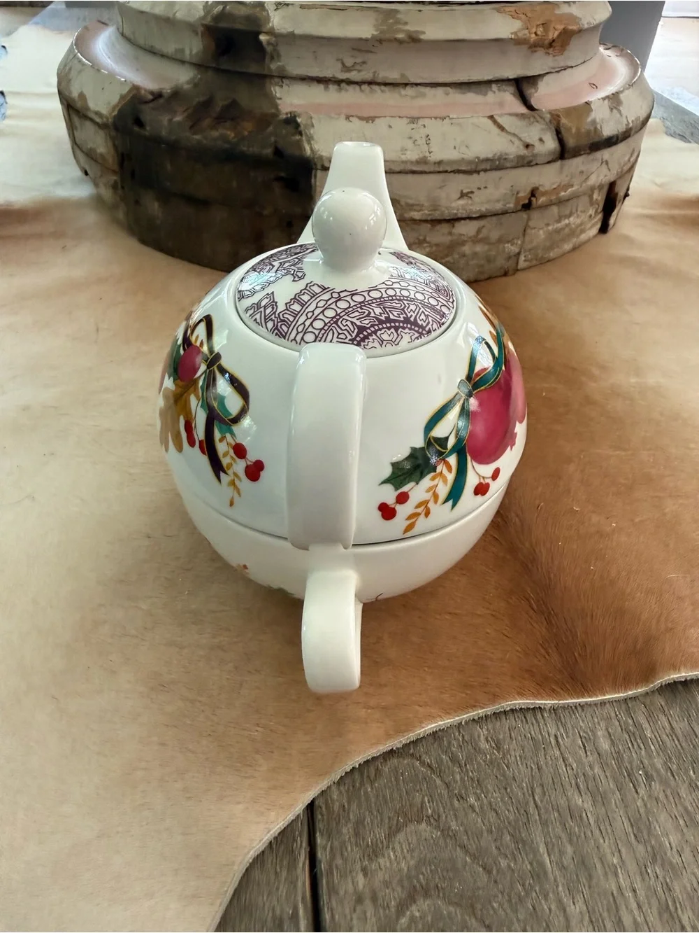 Fringe Studio White Porcelain Teapot Cup Saucer with Red Berries and Green Holly